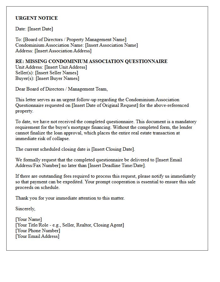 Urgent Notice Letter Regarding Missing Condominium Association Questionnaire