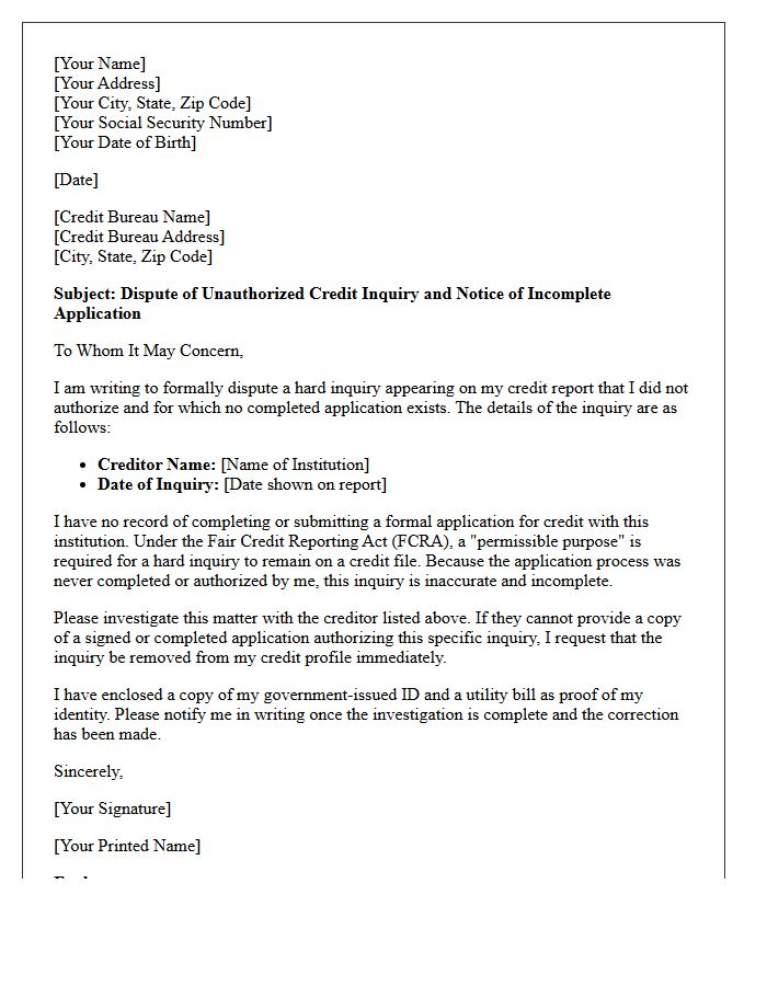 Credit Report Inquiry Discrepancy and Incomplete Application Letter