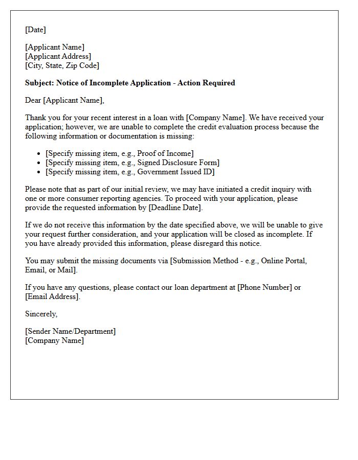 Incomplete Loan Application Credit Inquiry Notice Letter