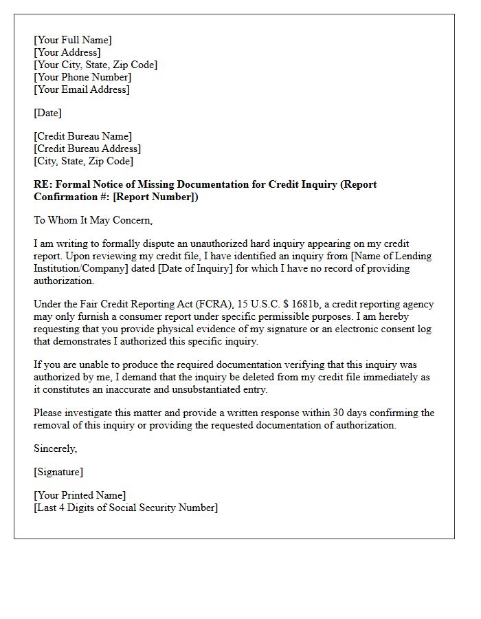 Letter of Notice Regarding Missing Credit Inquiry Documentation