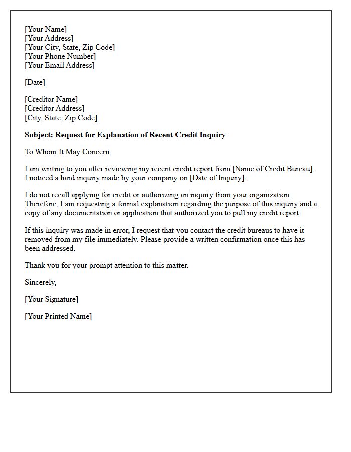Letter Requesting Explanation of Recent Credit Inquiries