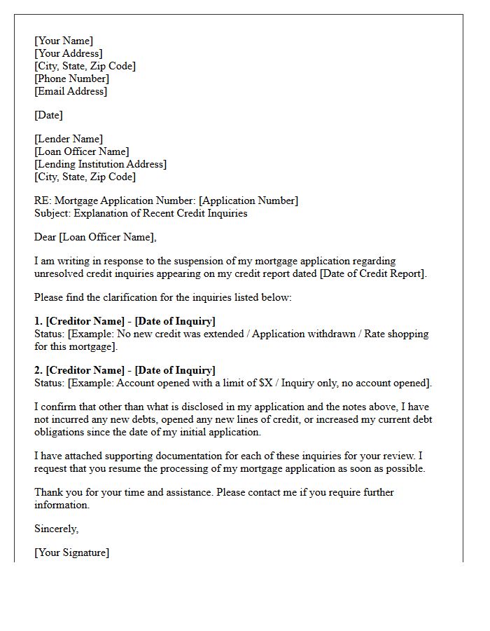 Mortgage Application Suspension: Unresolved Credit Inquiries Letter
