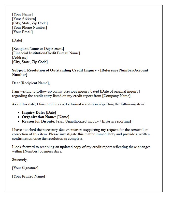Outstanding Credit Inquiry Resolution Letter