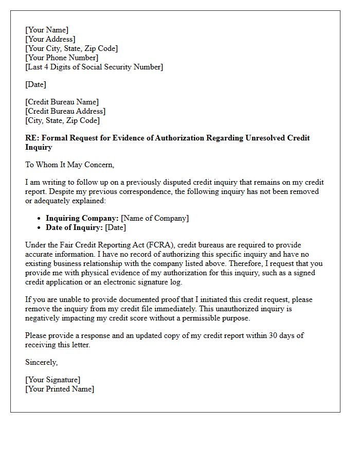 Request for Unresolved Credit Inquiry Details Letter