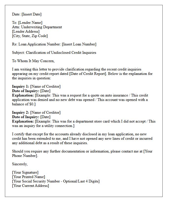 Undisclosed Credit Inquiry Clarification Letter