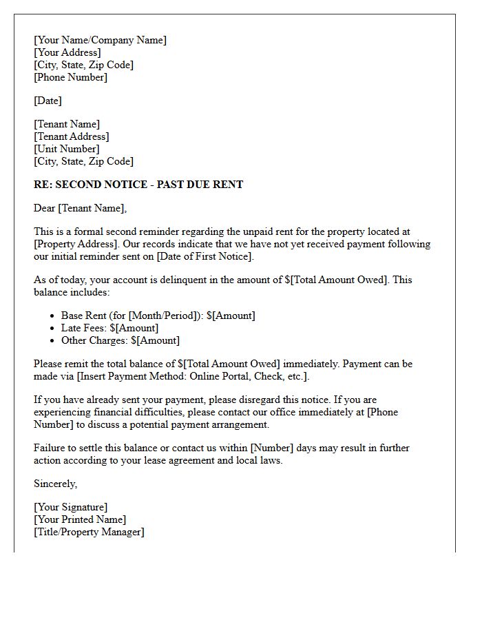 Account Delinquency Second Reminder Letter for Residential Rent