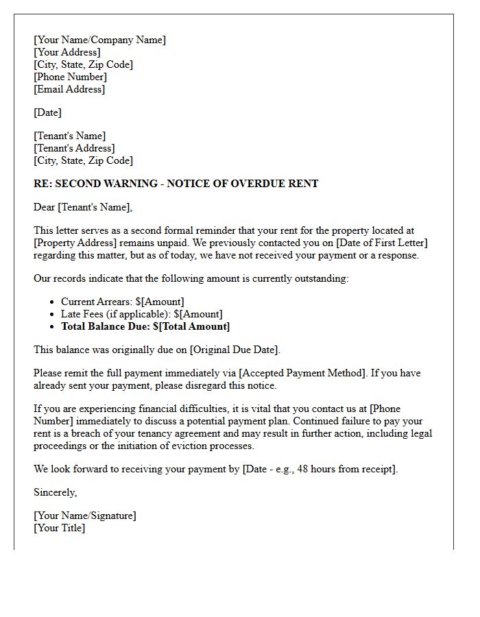 Debt Collection Second Warning Letter for Residential Arrears