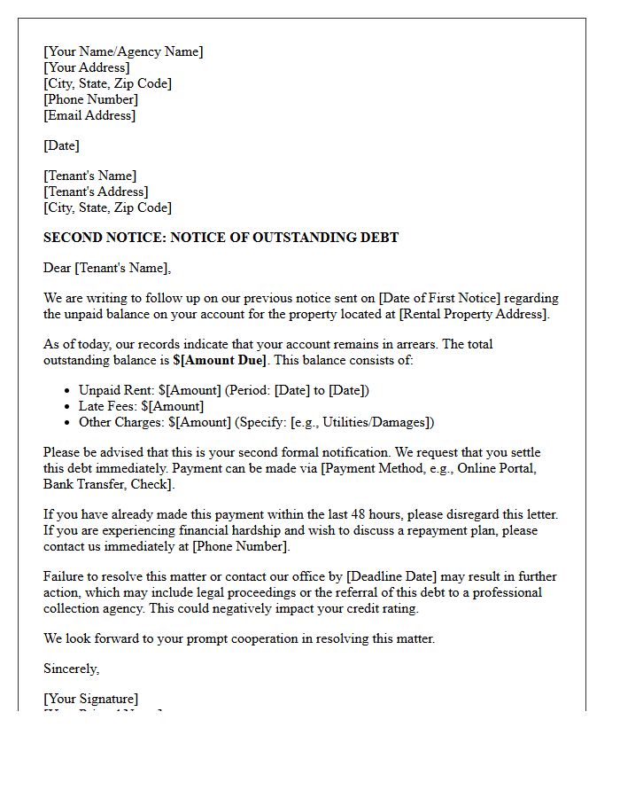 Debt Recovery Second Notice Letter for Residential Tenancy