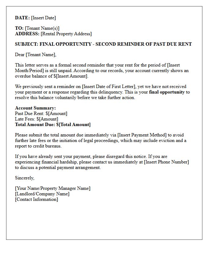 Final Opportunity Second Reminder Letter for Past Due Rent