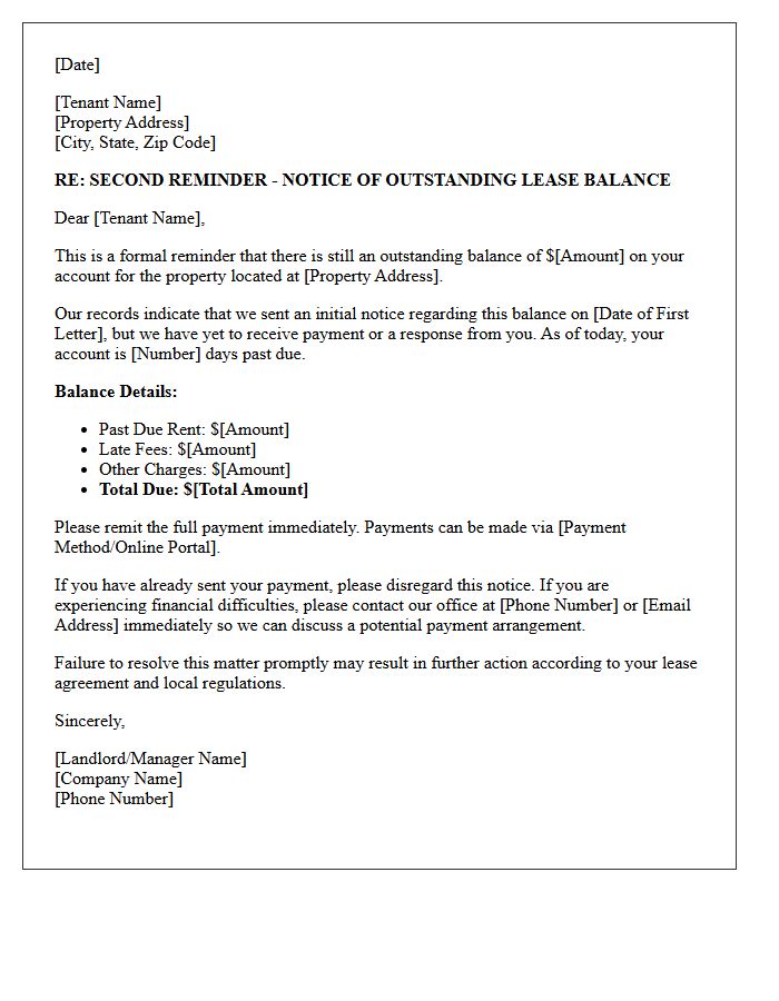 Residential Lease Outstanding Balance Second Reminder Letter