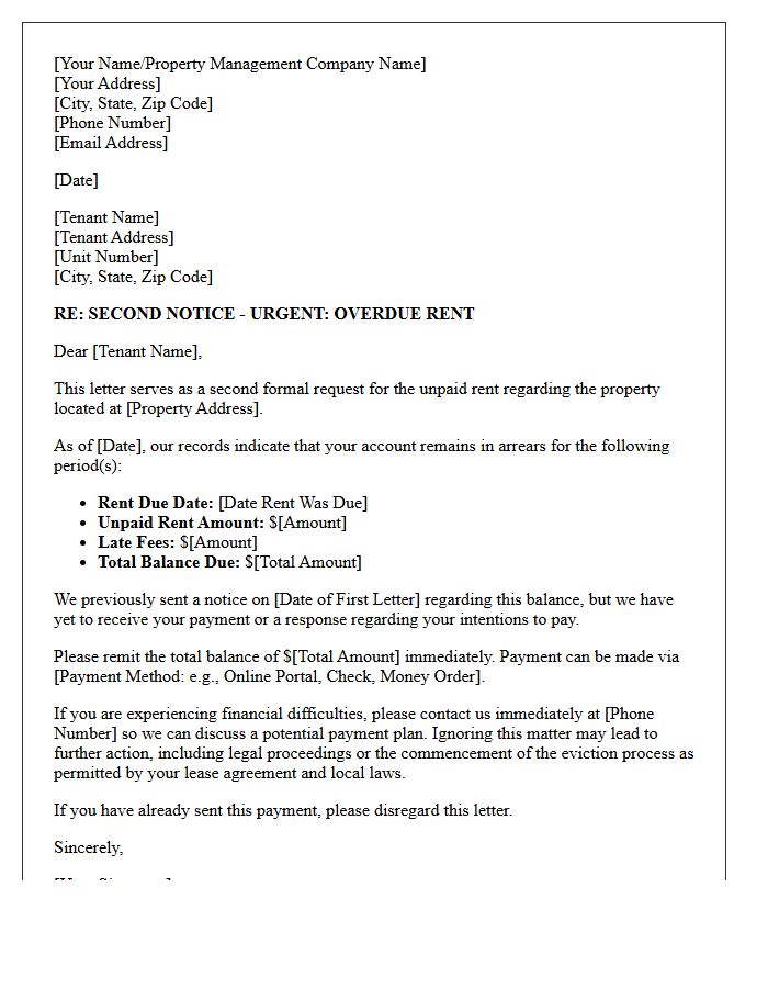Residential Rent Arrears Second Collection Attempt Letter