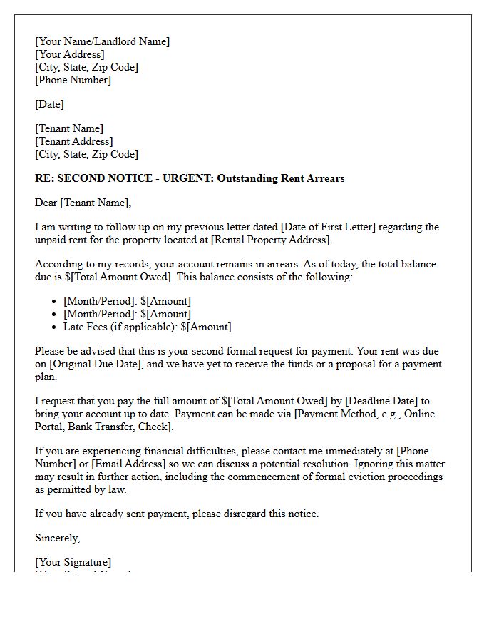 Residential Tenant Second Payment Request Letter for Arrears