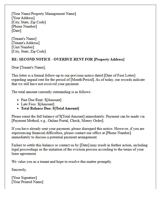 Second Overdue Rent Collection Letter for Residential Property