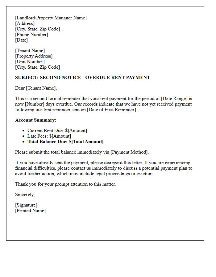 Second Reminder Letter for Overdue Residential Rent