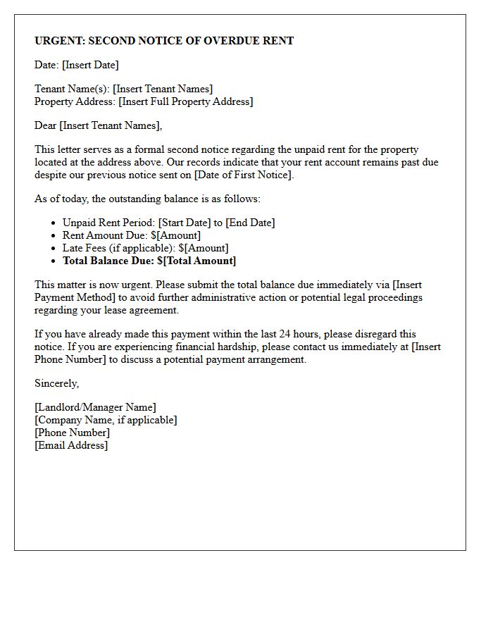 Urgent Second Notice Letter for Unpaid Residential Rent