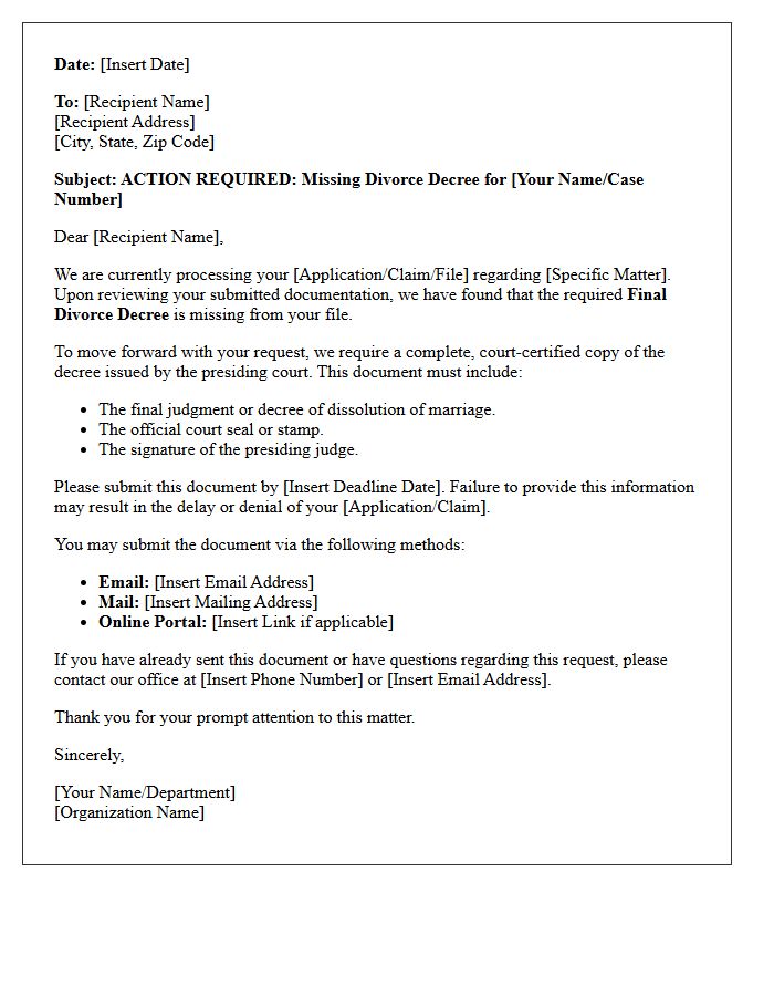 Action Required Letter for Missing Divorce Decree