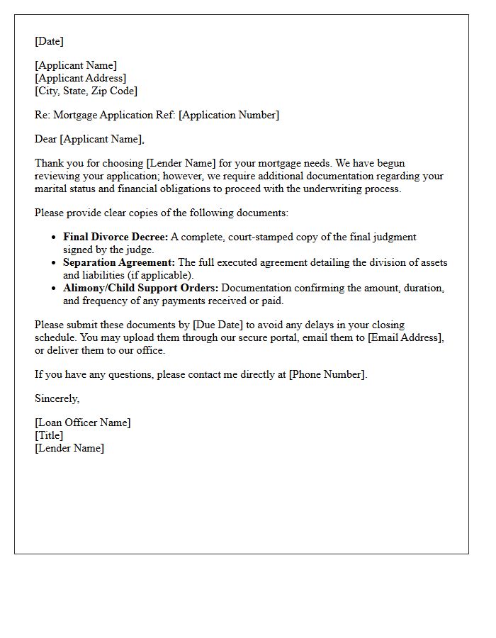Incomplete Mortgage Application Letter Requesting Divorce Documents