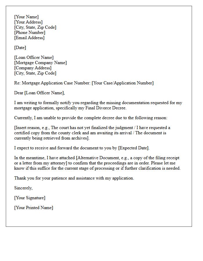 Missing Divorce Decree Notification Letter for Mortgage Application