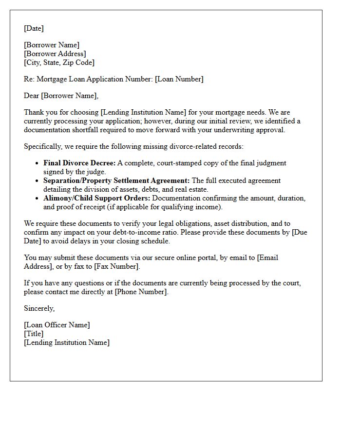 Mortgage Document Shortfall Letter: Missing Divorce Records