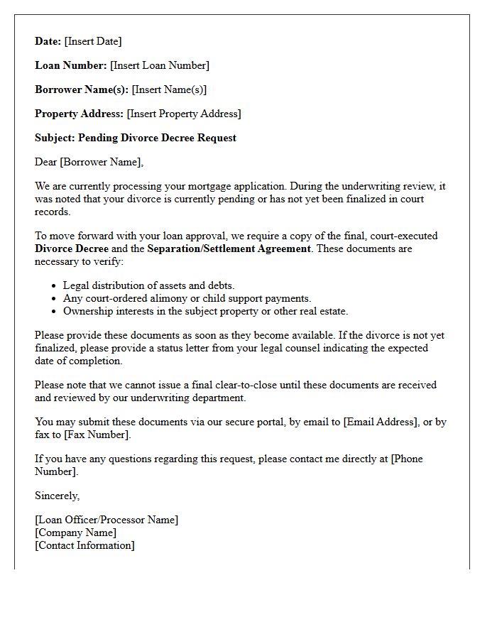 Mortgage Processing Letter for Pending Divorce Decree Request
