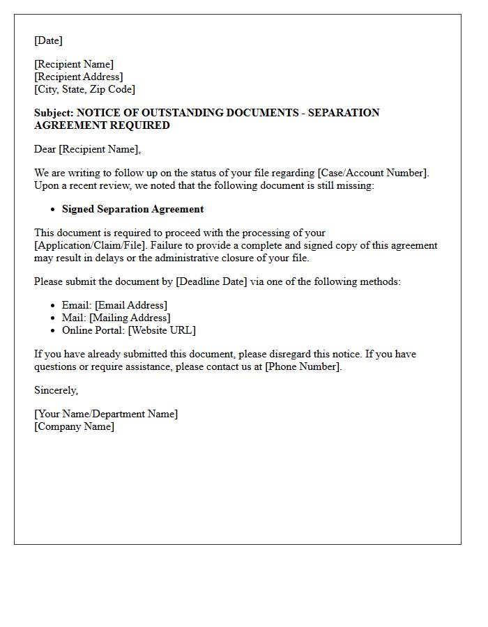 Notice of Outstanding Documents Letter: Separation Agreement Required