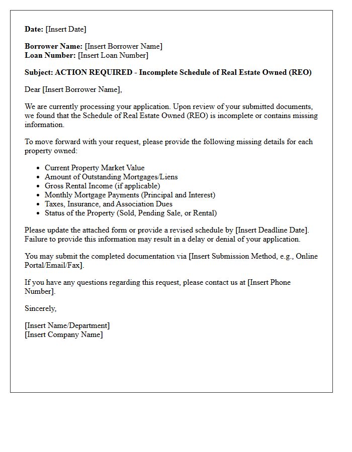 Action Required Letter for Incomplete Schedule of Real Estate Owned