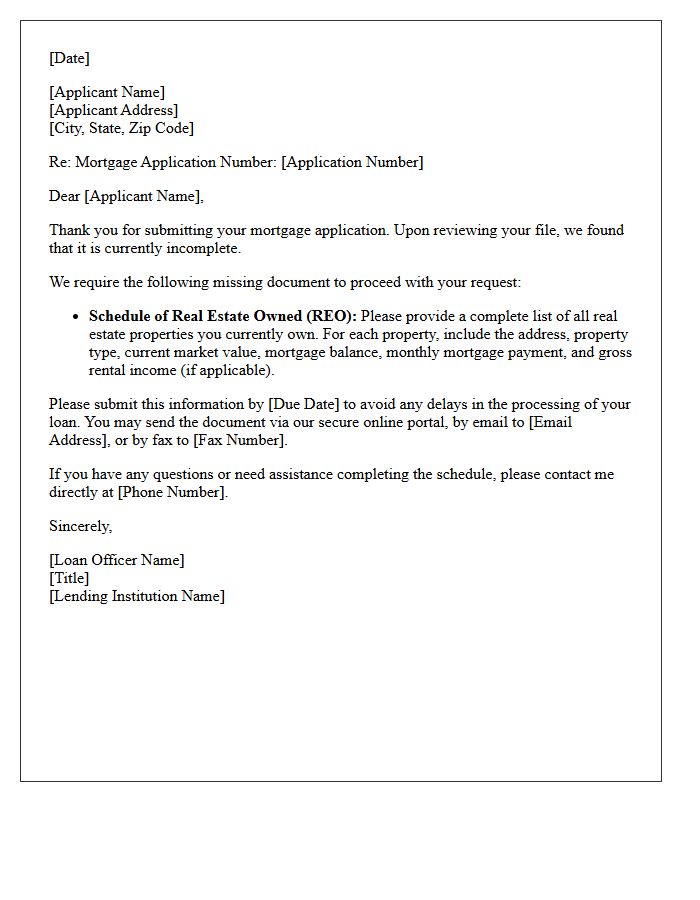 Incomplete Mortgage Application Letter for Omitted Schedule of Real Estate Owned