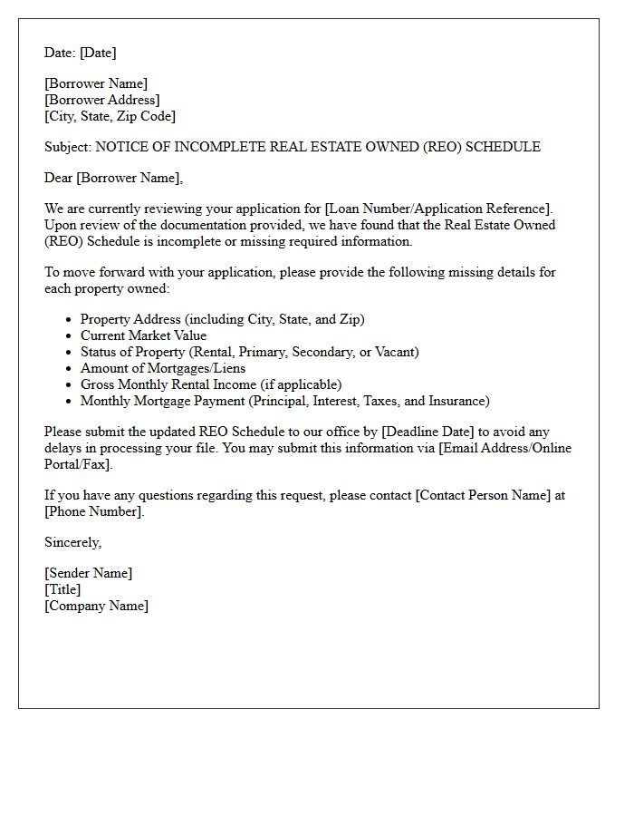 Incomplete Real Estate Owned Schedule Notice Letter
