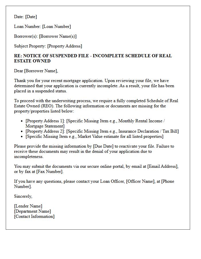 Mortgage File Suspended Letter for Incomplete Schedule of Real Estate Owned