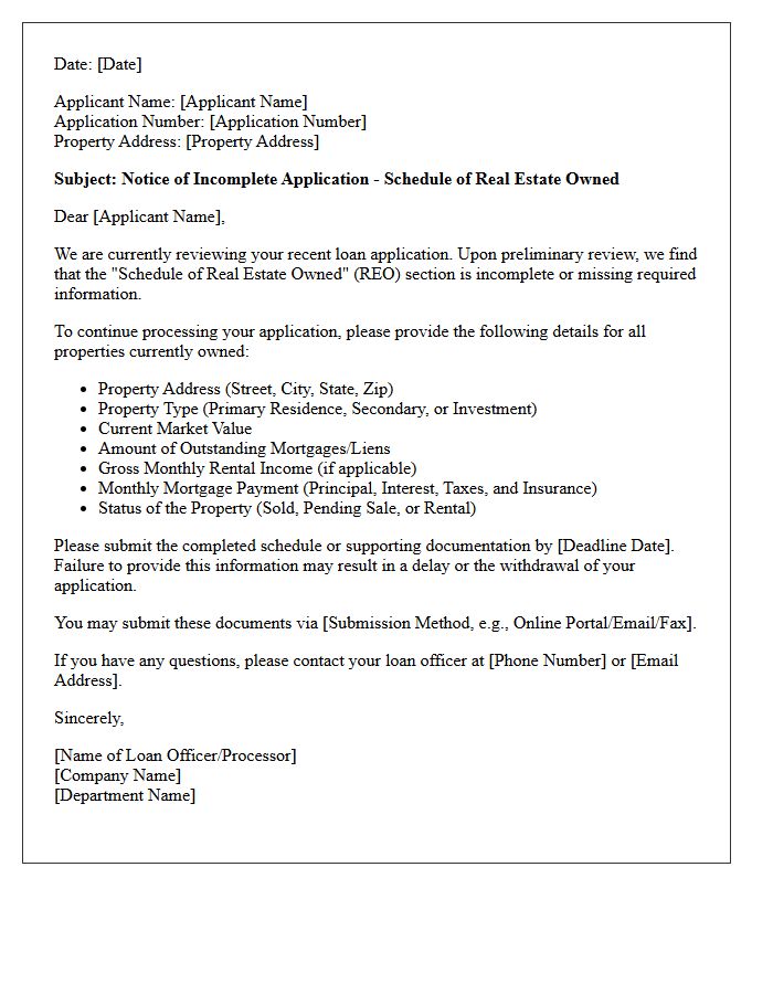 Notice of Incomplete Application Letter Regarding Schedule of Real Estate Owned