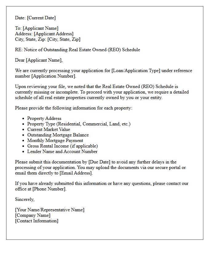 Outstanding Real Estate Owned Schedule Application Notice Letter