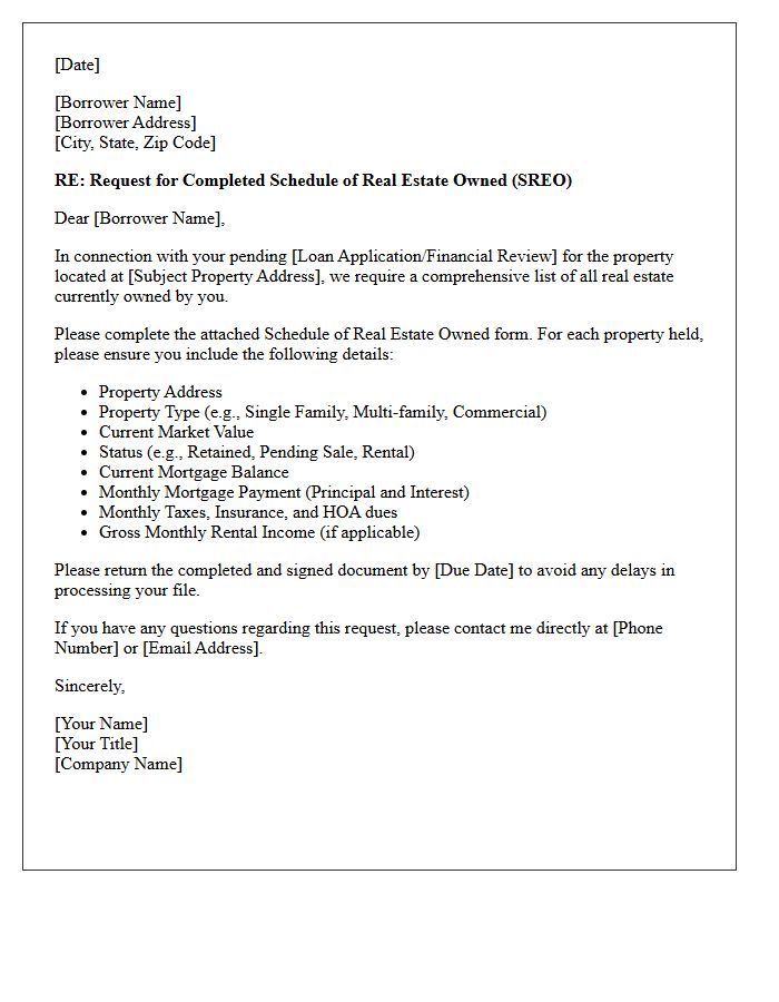 Request for Completed Schedule of Real Estate Owned Letter