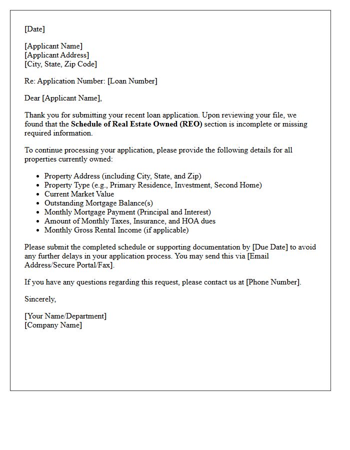 Schedule of Real Estate Owned Deficiency Letter for Incomplete Application