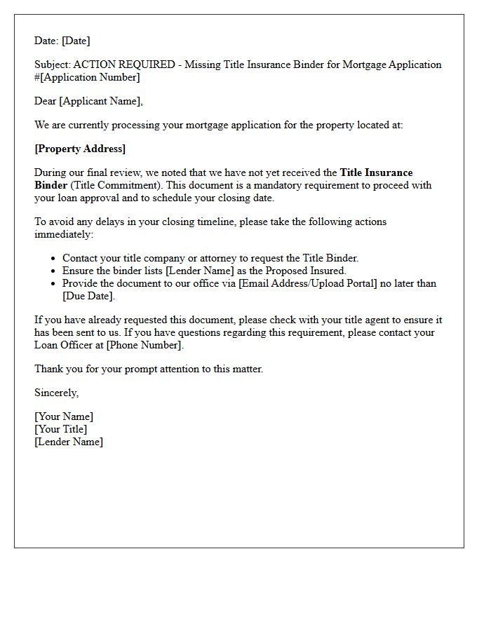 Action Required Letter: Missing Title Insurance Binder for Mortgage Application