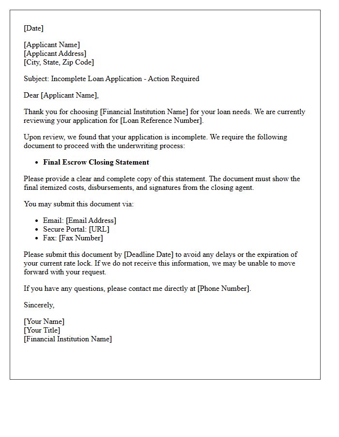 Incomplete Loan Application Letter: Awaiting Escrow Closing Statement
