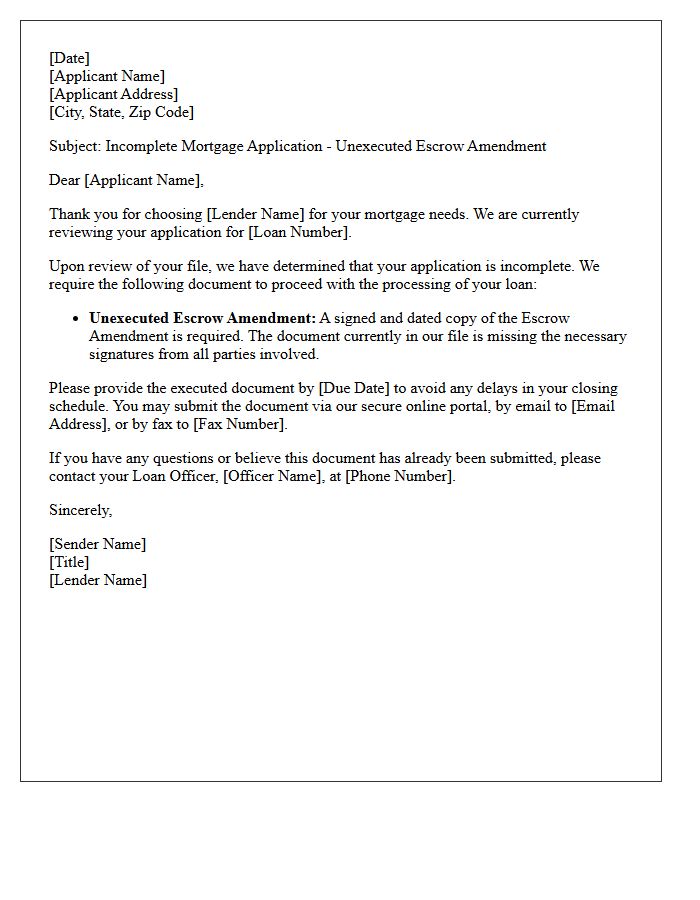 Mortgage Application Incomplete Letter: Unexecuted Escrow Amendment