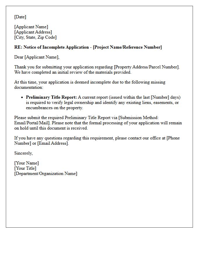 Notice of Incomplete Application Letter: Missing Preliminary Title Report