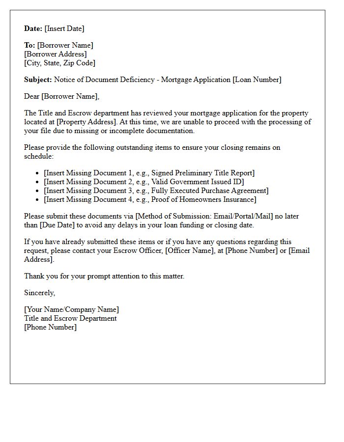 Title and Escrow Document Deficiency Letter for Incomplete Mortgage Application