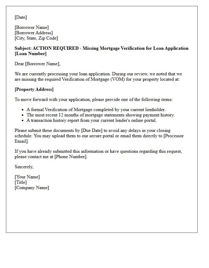 Action Required Letter: Missing Mortgage Verification for Loan Processing
