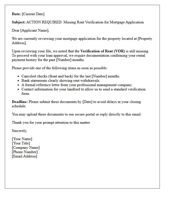 Action Required Letter: Missing Rent Verification for Mortgage Application