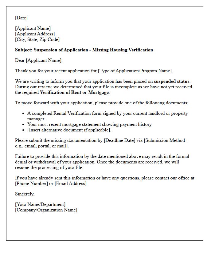 Application Suspended Letter: Missing Verification of Rent or Mortgage