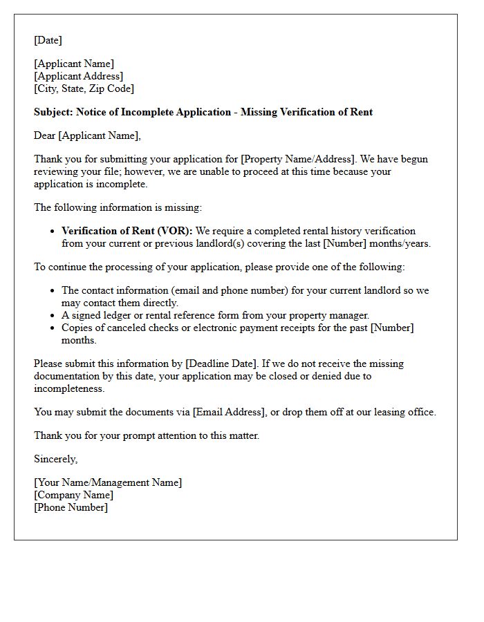 Notice of Incomplete Application Letter: Missing Verification of Rent