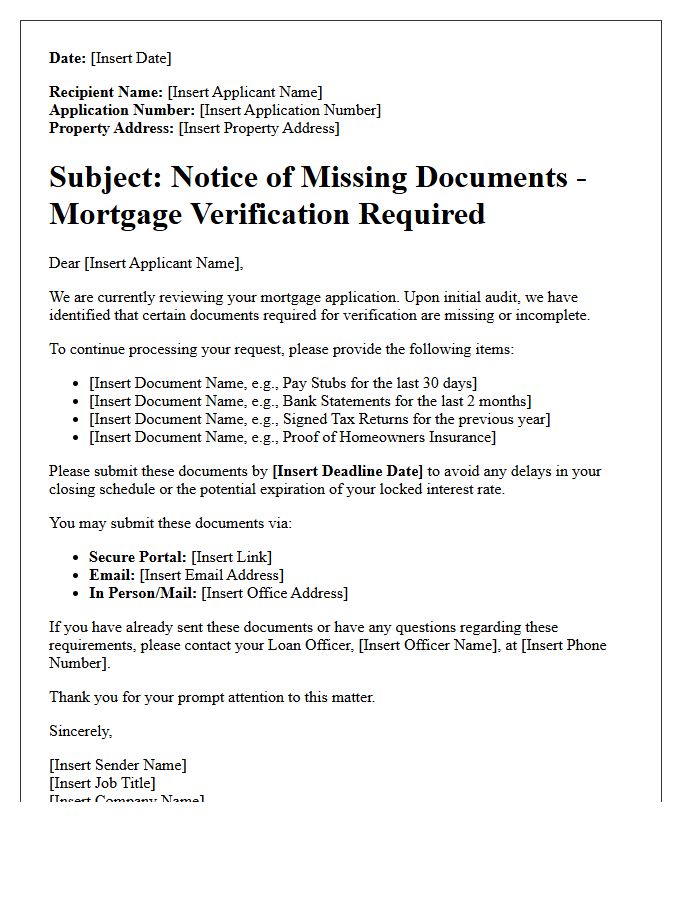 Notice of Missing Documents Letter: Mortgage Verification Required