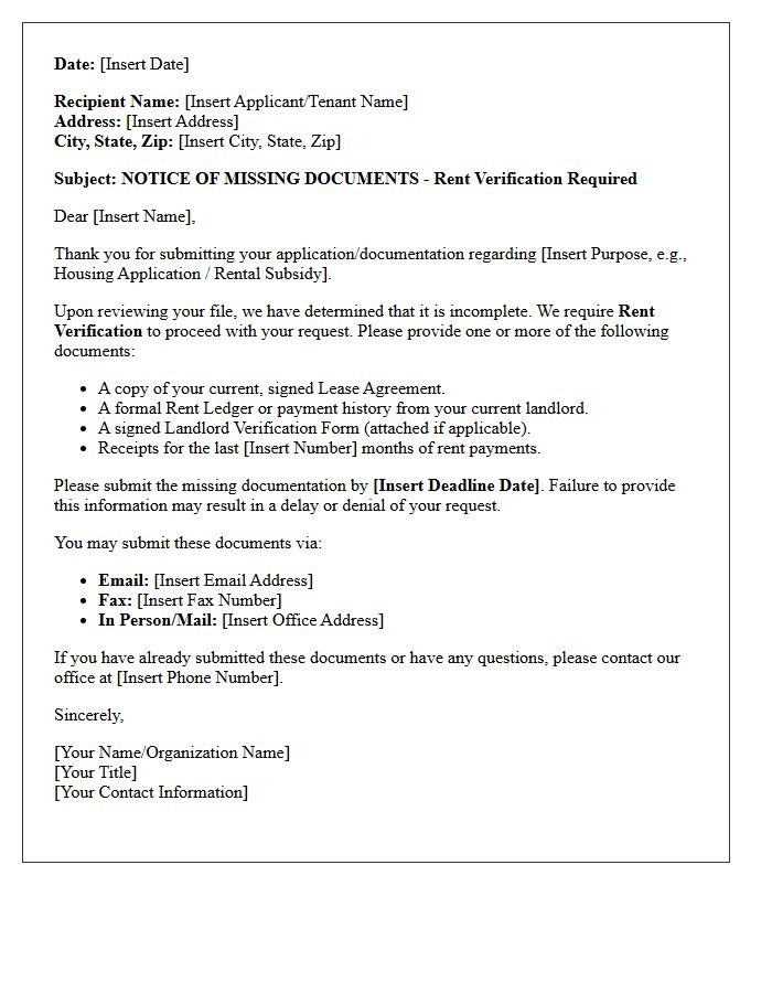 Notice of Missing Documents Letter: Rent Verification Required
