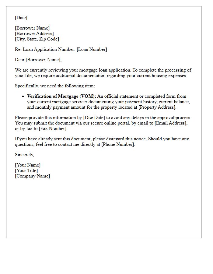 Request for Additional Information Letter: Missing Verification of Mortgage