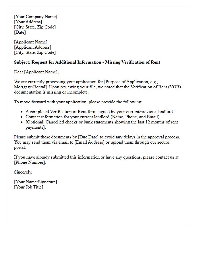 Request for Additional Information Letter: Missing Verification of Rent
