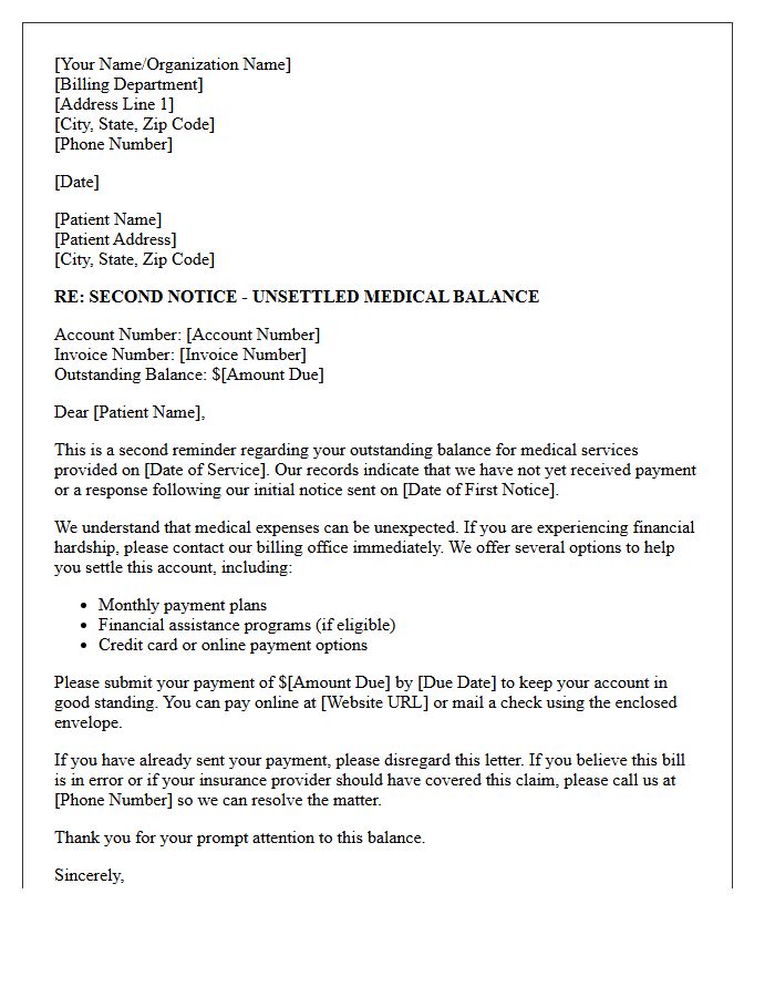 Unsettled Medical Debt Second Reminder Letter
