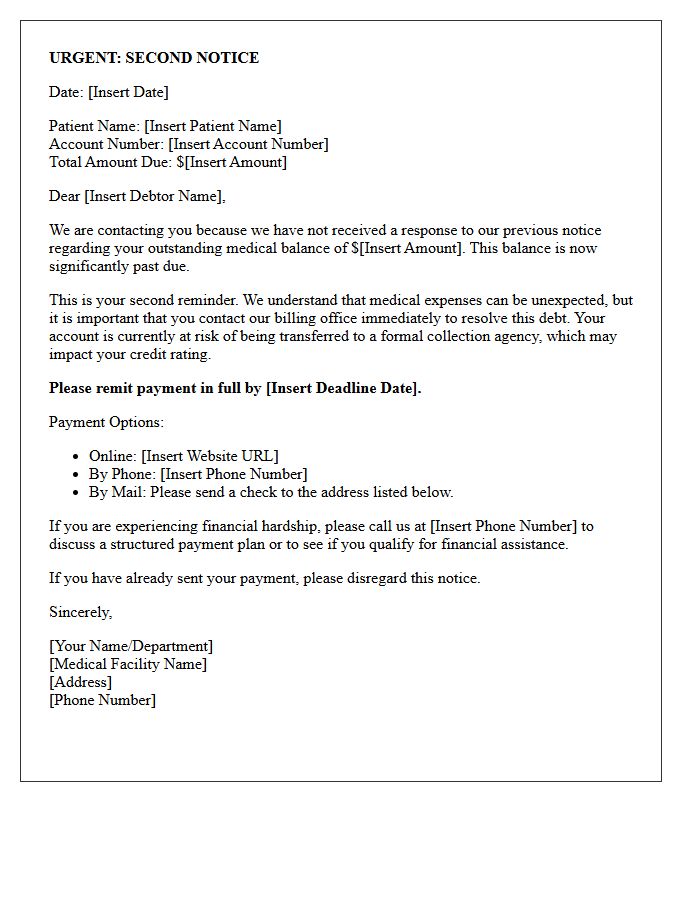 Urgent Second Reminder Letter for Medical Debt Collection