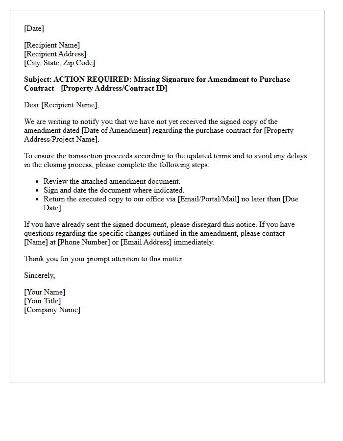 Action Required Letter for Unsigned Purchase Contract Amendments