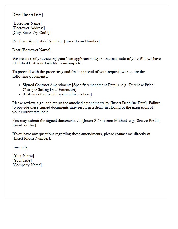 Incomplete Loan File Letter Pending Signed Contract Amendments